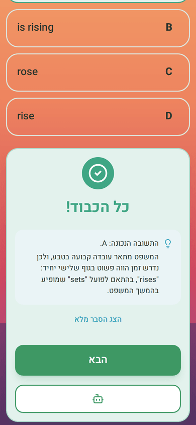 דקדוק בהקשר, עם הסבר מלא בעברית אחרי כל תשובה