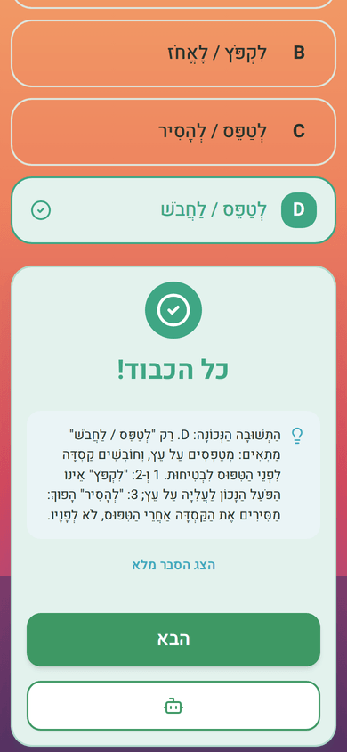 השלמת משפטים, ואחרי כל תשובה הסבר מנוקד