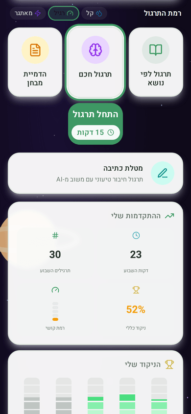 מסך הבית: הציון לפי נושא ומה לתרגל עכשיו